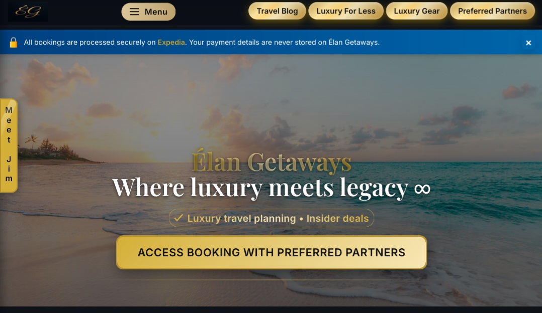Élan Getaways homepage featuring luxury beach resort hero image and featured destination guides