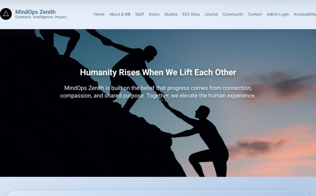MindOps Zenith homepage showing research institute platform with program areas and IRB governance information