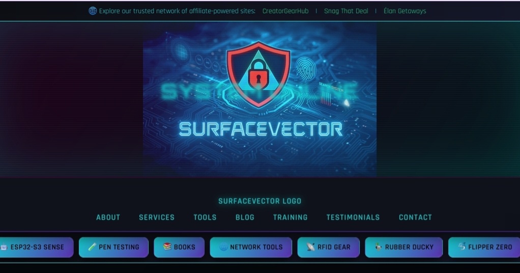 Surface Vector homepage showing cyberpunk-themed cybersecurity blog with live threat feed and gear recommendations