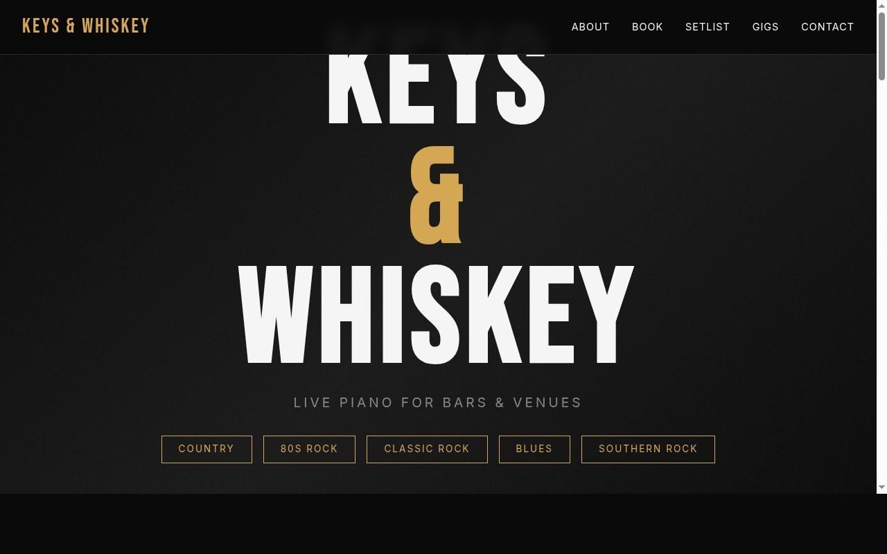 Keys & Whiskey band website featuring dark elegant theme with gold accents and live performance booking